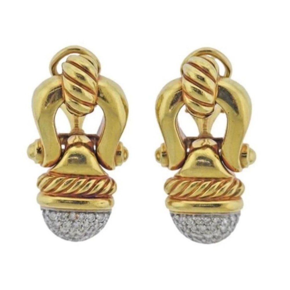 David Yurman 18k Gold & Diamond Acorn Buckle Door Knocker Style Earrings